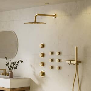 Module Switch 7-Spray 12 in. Dual Wall Mount Fixed and Handheld Shower Head 2.5 GPM in Brushed Gold with Valve 6 Jets