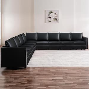 Contemporary Air Leather 9 Seater Upholstered Sectional Sofa with Double Ottoman in Black