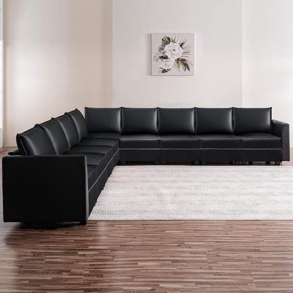 MAYKOOSH Contemporary Air Leather 9 Seater Upholstered Sectional Sofa with Double Ottoman in Black