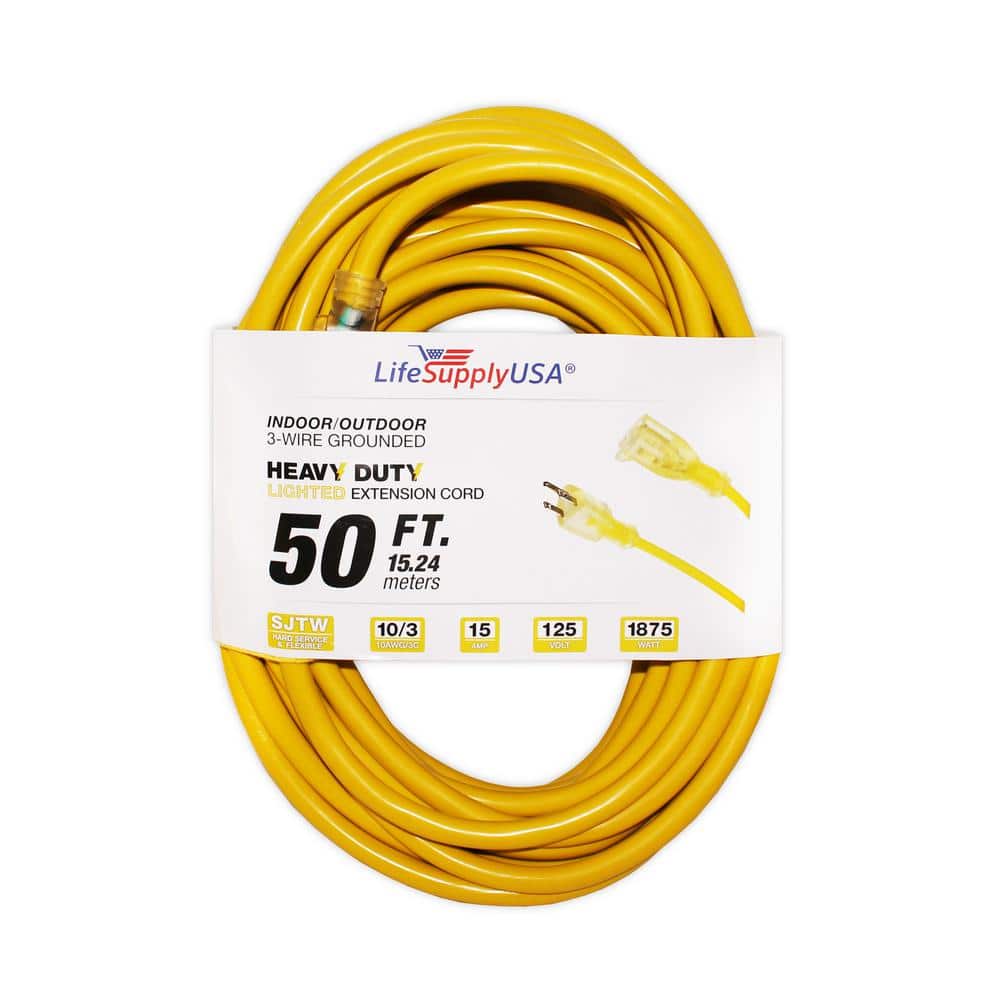 LifeSupplyUSA 50 ft. 10/3 SJTW 15 Amp 125-Volt 1875-Watt Lighted End Outdoor  Super Heavy-Duty Jacket Extension Cord (5-Pack) 510350FT The Home Depot