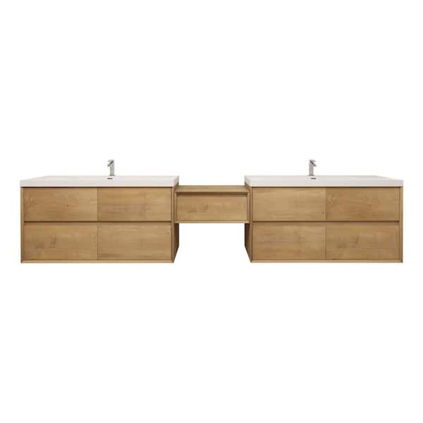 Kingdee 118 in. W x 20 in. D x 26 in. H Double Sink Middle Table Counter Bath Vanity in Teak Oak with White Acrylic Top