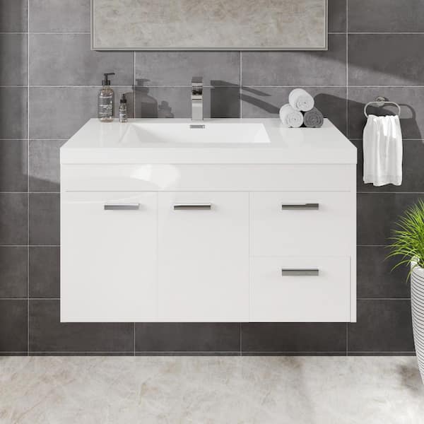 Lugano 36 in. Single Sink Floating White Bath Vanity with White Acrylic Top (Assembled)