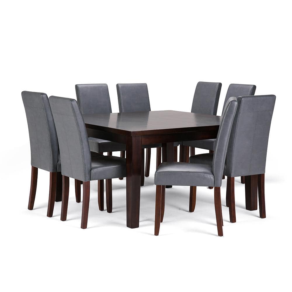 Simpli Home Acadian Transitional 9-Piece Dining Set with 8 Upholstered Parson Chairs in Stone Grey Faux Leather and 54in. Wide Table -  AXCDS9-ACA-G