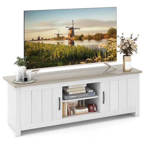 Gymax White Oak Farmhouse TV Stand for TVs up to 65'' Media Console Center w/Doors Cubbies