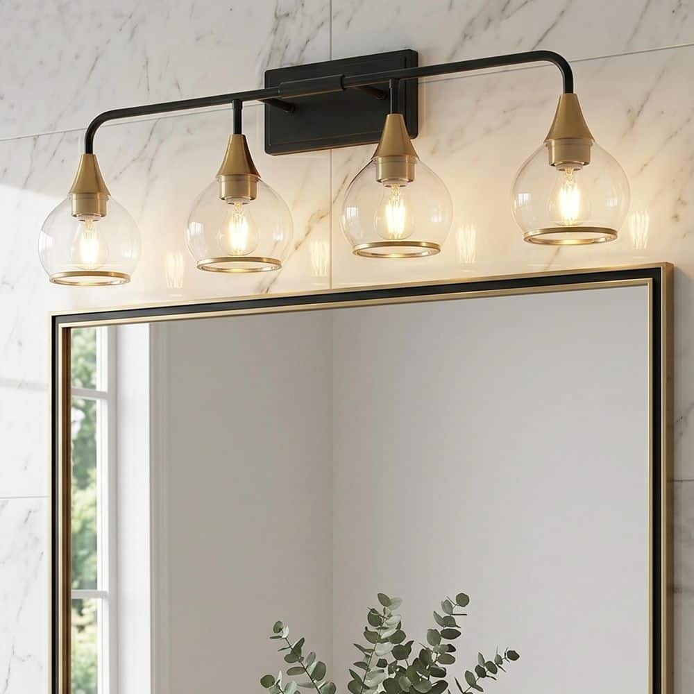 31 in. 4‑Light Black and Gold Industrial Bathroom Vanity Light Clear Glass Shade Wall Sconce Fixture for Bathroom Mirror price history on PriceWatchPro