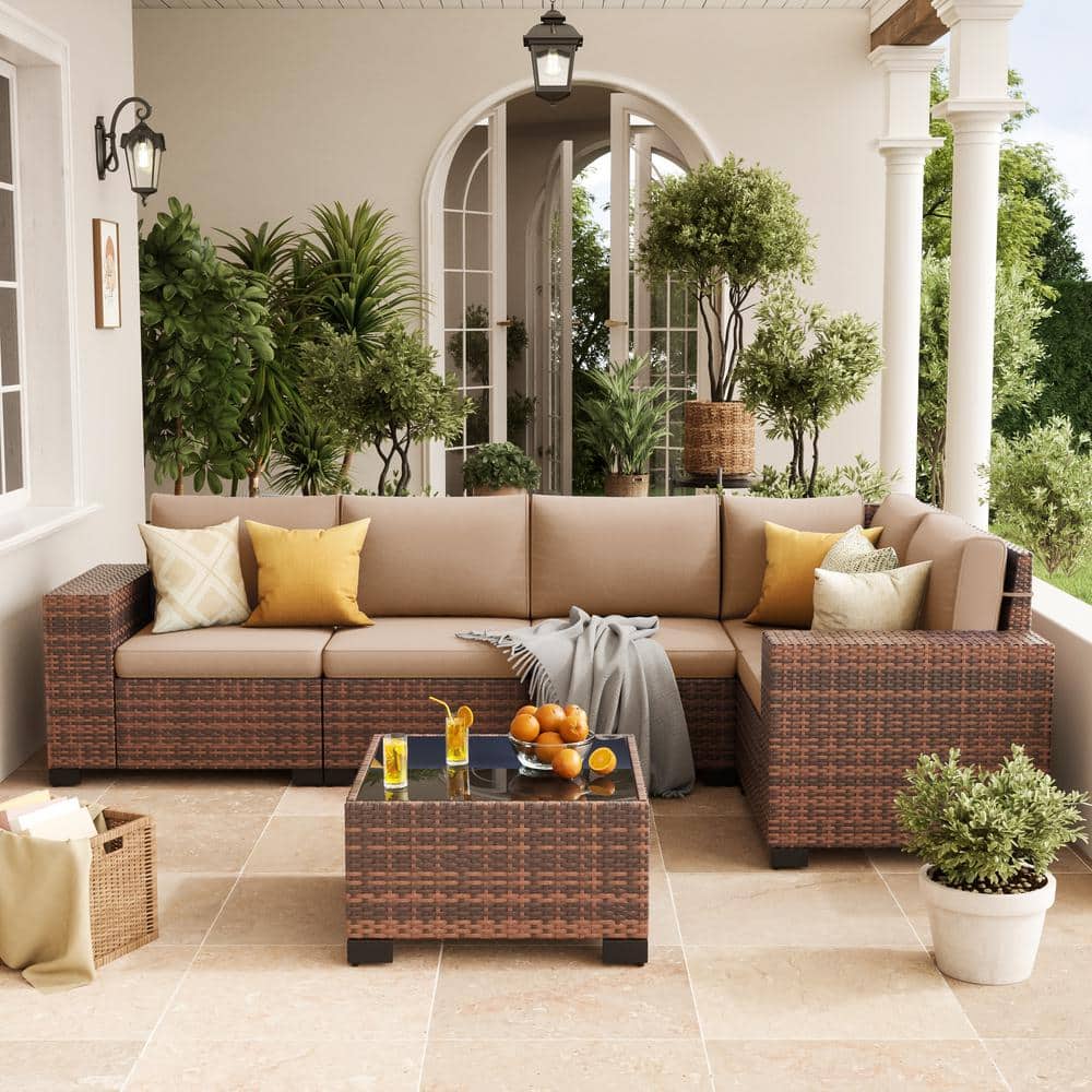 Poteban 6 Pieces Outdoor Brown Wicker Patio Conversation Set With Khaki Cushions VQHWTZ092ZK-MVQ - The Home Depot