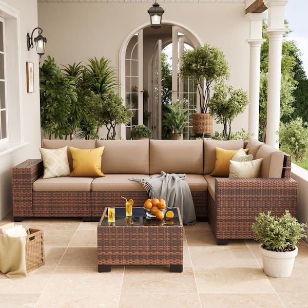 Poteban 6 Pieces Outdoor Brown Wicker Patio Conversation Set With Khaki Cushions