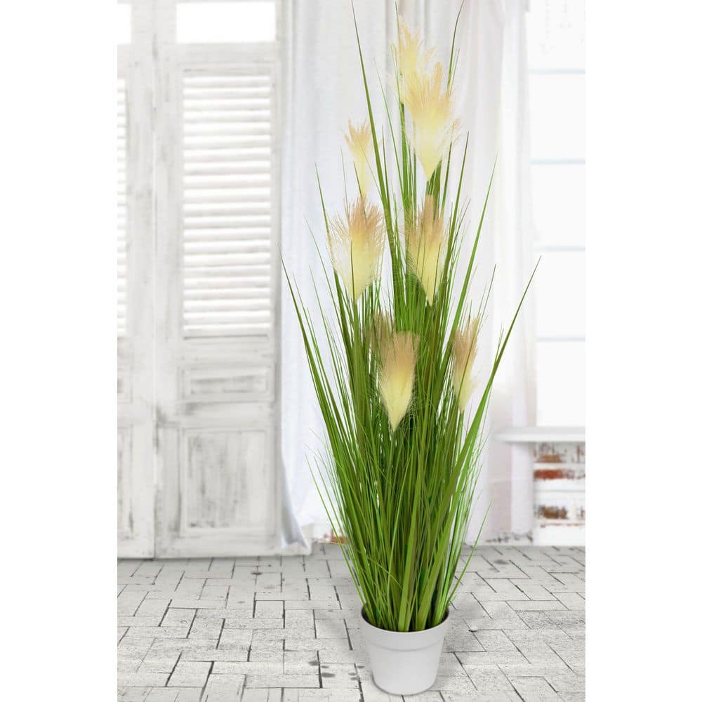 48" Green and Beige Silk Reed Grass in White Pot