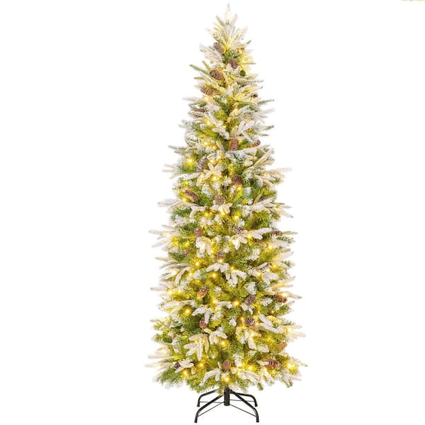 Costway 6 ft. Green Prelit LED Flocked Pencil Classic Artificial Christmas Tree with 280 Warm Whites Lights Decorated