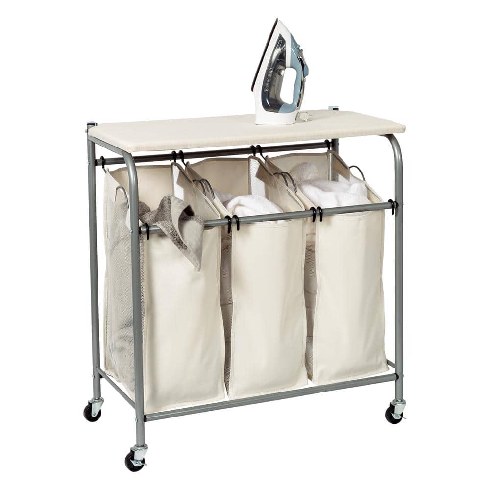 Natural Triple Laundry Sorter with Ironing Board and Locking Wheels