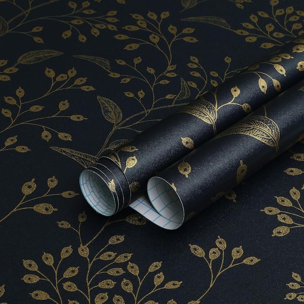 Dark Blue and Gold Boho Floral Self-Adhesive Removable Peel and Stick Wallpaper Roll