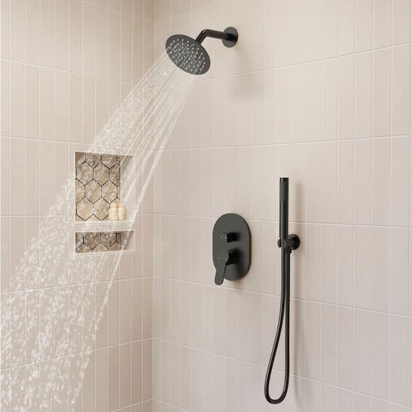 Round 6 in. 2-Spray Wall Mount Dual Fixed and Handheld Shower Head 1.8 GPM in Matte Black Valve Included