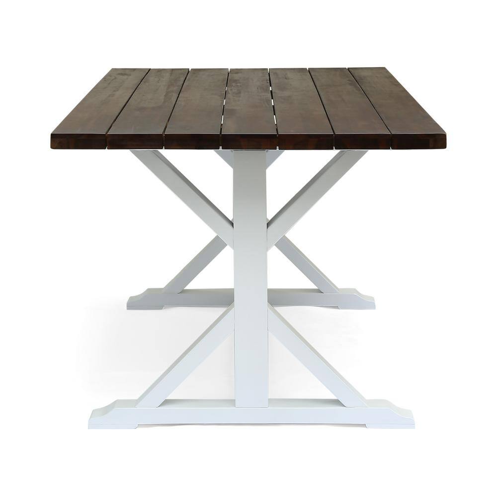 Rustic Dark Brown and White Acacia Wood Outdoor Dining Table