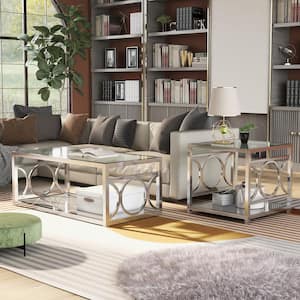 Innedia 2-Piece 47.25 in. Chrome Rectangle Glass Coffee Table Set with 1-Shelf