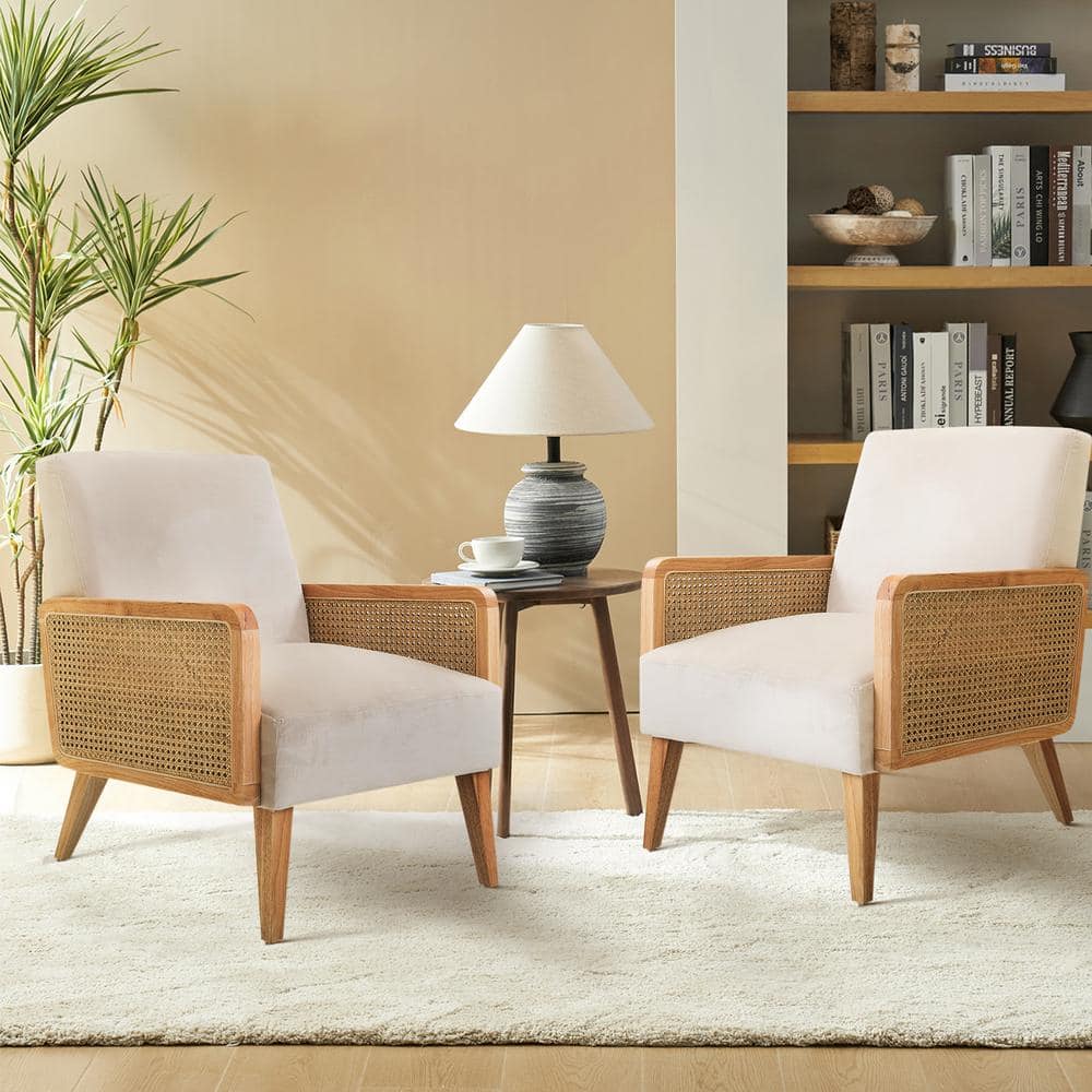Beige Velvet and Rattan Armchair Set with Wooden Legs