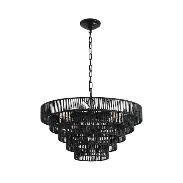FIRHOT 8 Light Black Rustic 5-Tier Hemp Rope Chandelier for