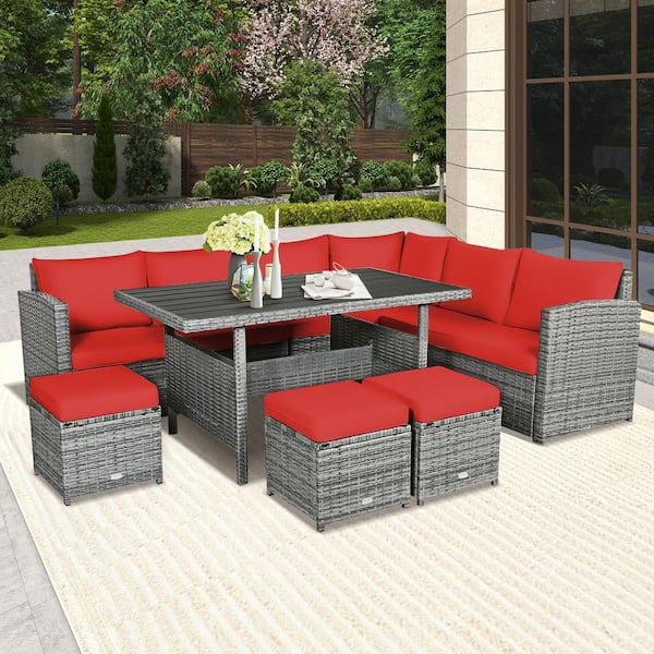 ANGELES HOME 7-Piece Rattan Wicker Outdoor Sectional Set, Patio Sofa Set with Red Cushions and Dining Table, Free Combination