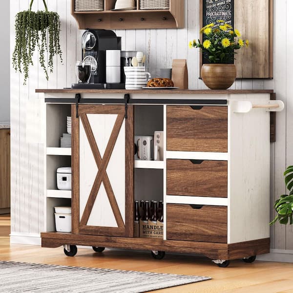 White Brown Wood 55.5 in. W Farmhouse Kitchen Island with Drop Leaf ...