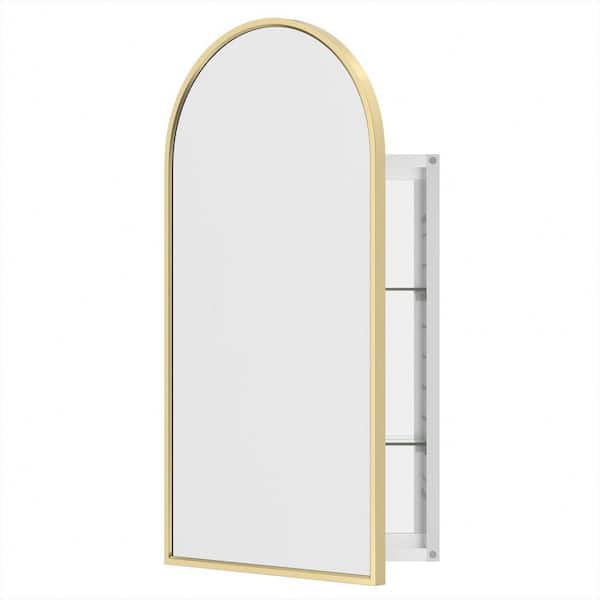 17 in. W x 34 in. H Arched Aluminum Gold Medicine Cabinet with Mirror