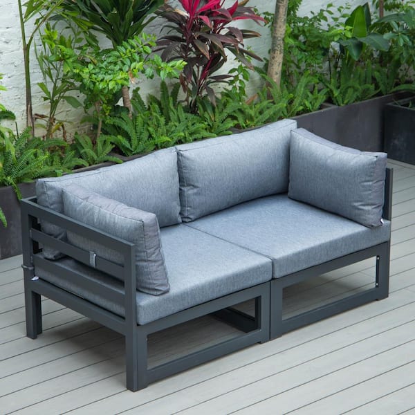 Leisuremod Chelsea Modern Black 2-Piece Aluminum Outdoor Patio Sectional Loveseat with Blue Cushions