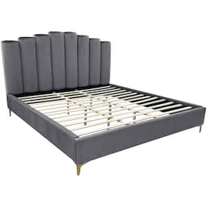 Barrington Gray Velvet Queen Platform Bed with Gold Legs