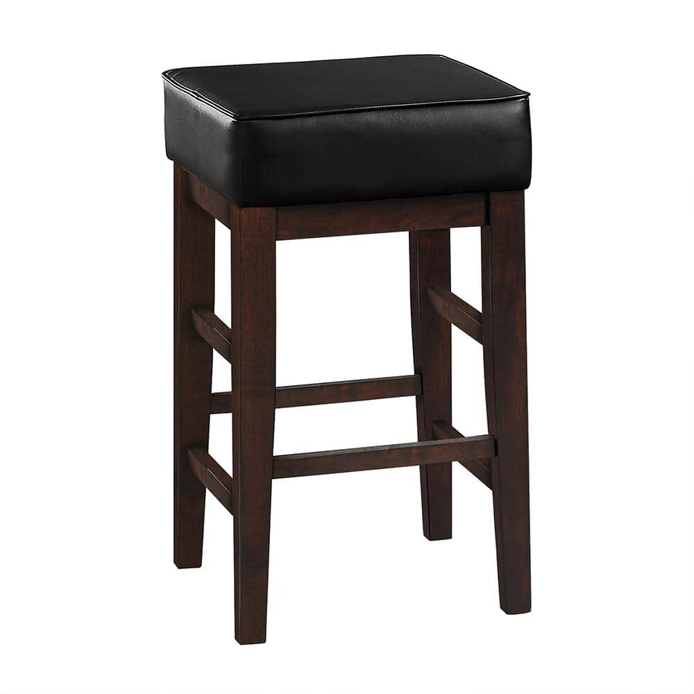 Black Faux Leather and Wood Backless Counter Stools, 26 Inch