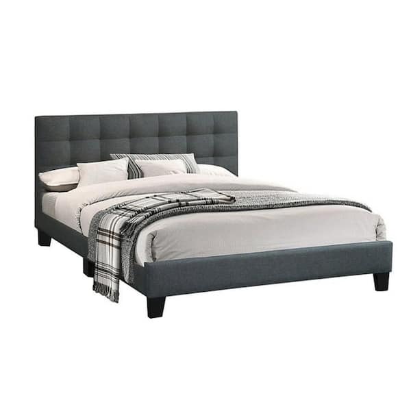 Benjara Dex Gray Wood Frame King Size Platform Bed with Plush Tufted Upholstery