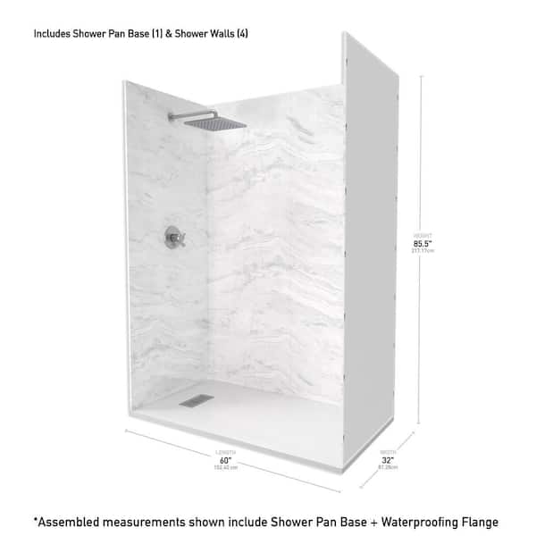 CASTICO - Sierra Light 32 in. x 60 in. x 84 in. Solid Composite Stone Alcove Shower Kit with Walls and White Pan Base L/R Drain