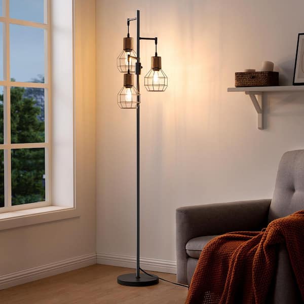 65 in. Black Industrial 3-Light Standard Smart Dimmable Floor Lamp for Living Room with 3 LED Edison Bulbs