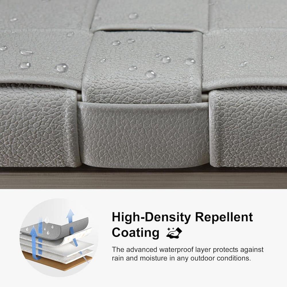 Close-up of water droplets on the gray PU leather surface.
