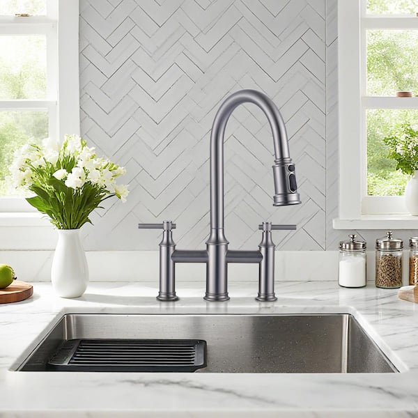 Double Handle Bridge Kitchen Faucet with 3-Spray Patterns and 360 Degrees Rotation Spout in Brushed Nickel