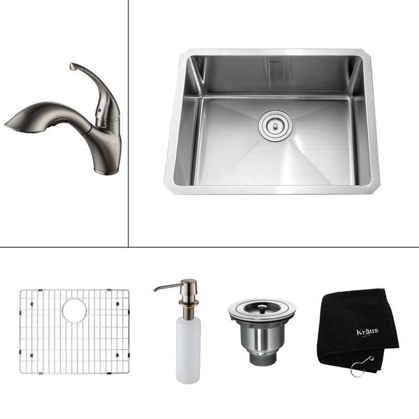 KRAUS All-in-One Undermount Stainless Steel 23 in. 0-Hole Single Bowl Kitchen Sink with Satin Nickel Accessories