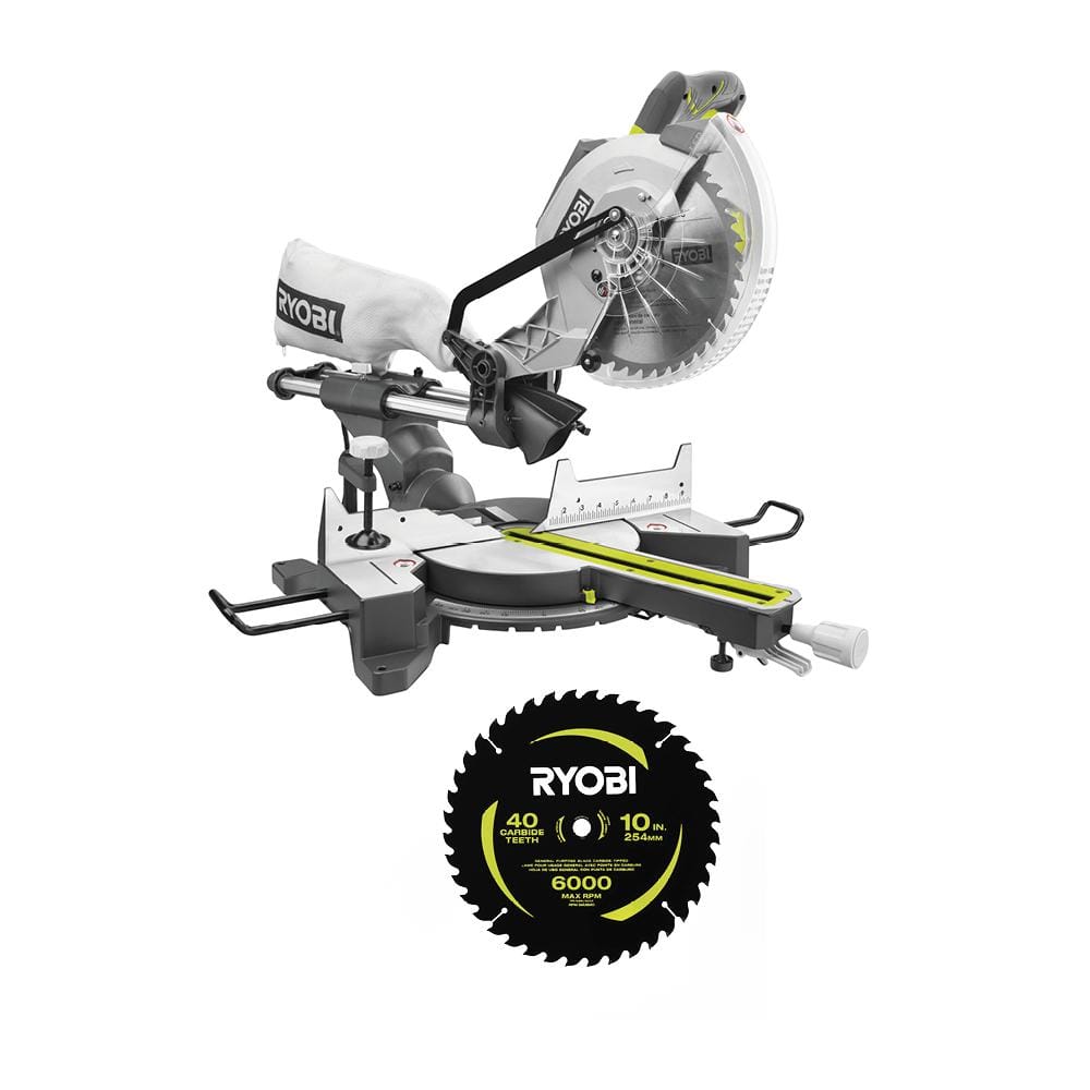 RYOBI 15 Amp 10 in. Corded Sliding Compound Miter Saw with 10 in. 40  Carbide Teeth Thin Kerf Miter Saw Blade TSS103-A181002 The Home Depot