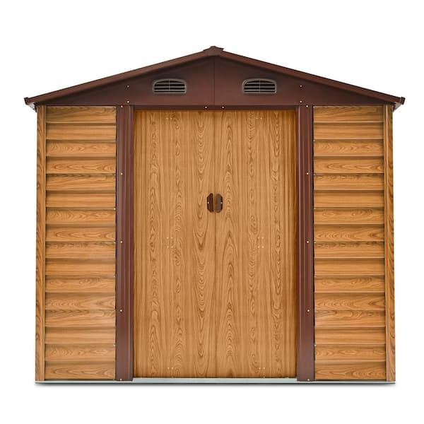 EGEIROSLIFE 7.7 ft. x 6.4 ft. Outdoor Storage Shed, Wood Grain Galvanized Metal Shed with Double Sliding Doors (50 sq. ft.)