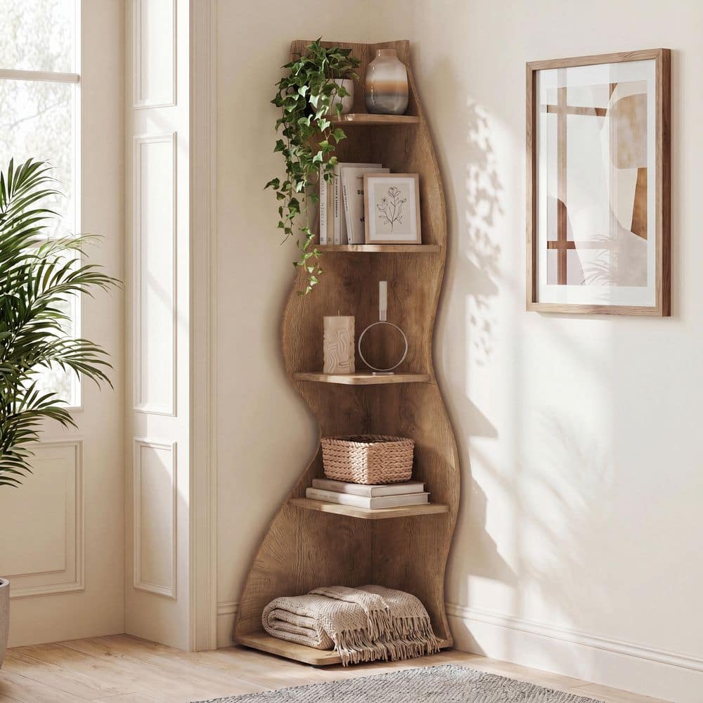 BYBLIGHT Eulas 69.8 in. Tall Light Brown Wood 5-Shelf Standard