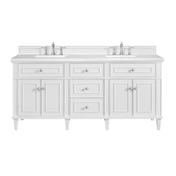 James Martin Vanities Lorelai 72.0 in. W. x 23.5 in. D x 34.06 in. H Double Bathroom Vanity in Bright White with Arctic Fall Solid Surface Top