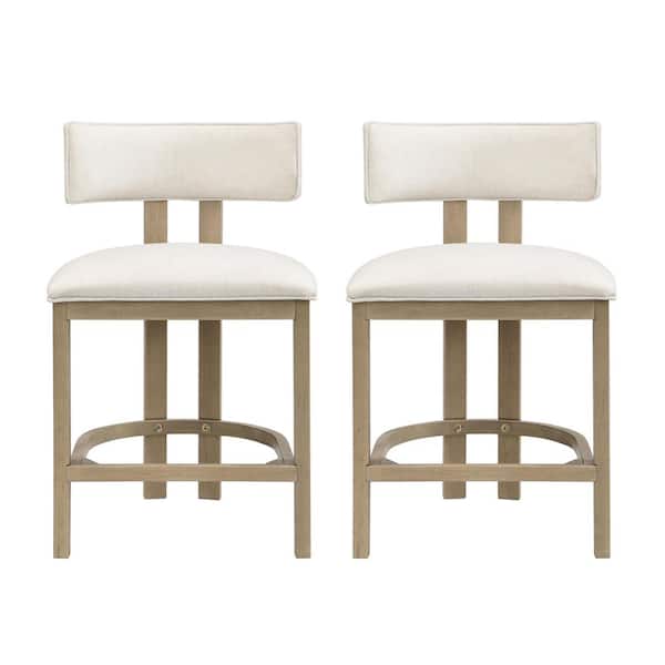 Olga 35.5 in. H Beige+Natural Wood Frame Counter Height Bar Stool with Polyester Upholstered Set of 2