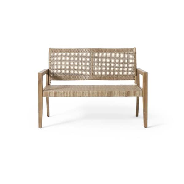 Wicker and Acacia Wood Outdoor Loveseat, Light Brown, 34 in. H X 46.5 in. W X 27.25 in. D