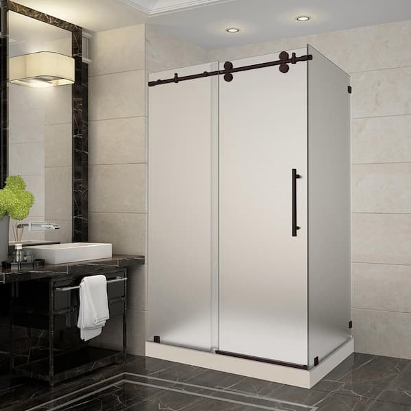 Aston Langham 48 in. x 35 in. x 77.5 in. Frameless Corner Sliding Shower Door with Frosted Glass in Bronze, Left Drain