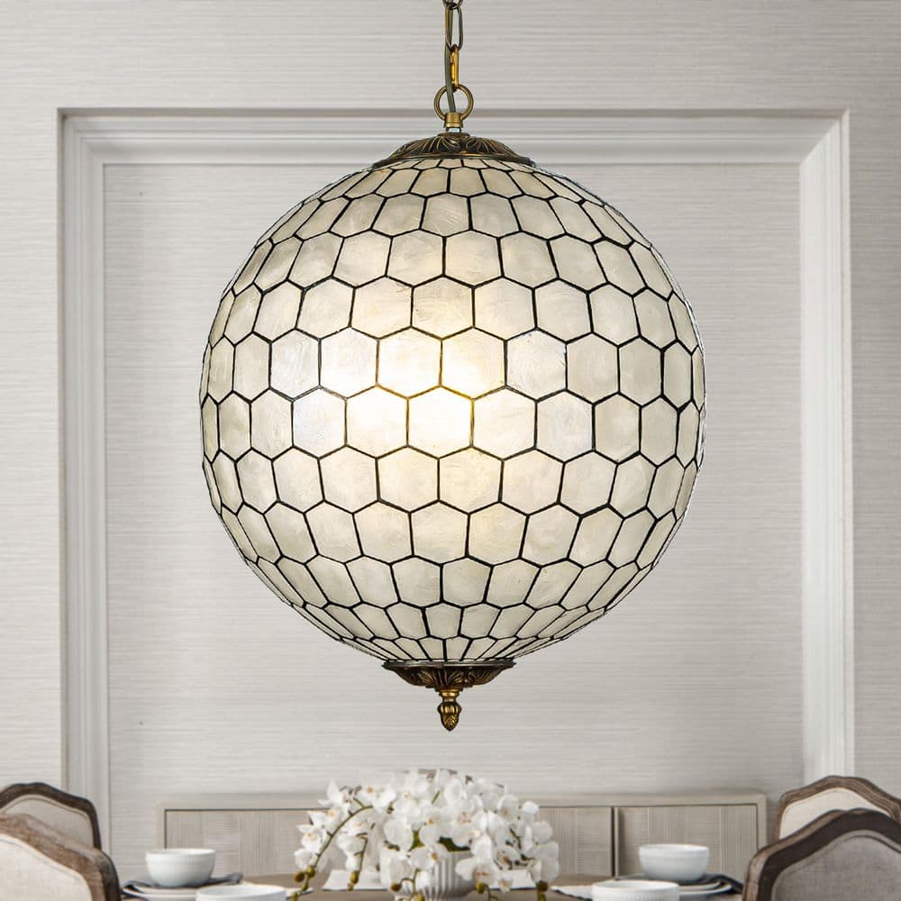 3-Lights W 18 in. Vintage Natural Capiz Seashell Chandelier in Antique Bras
