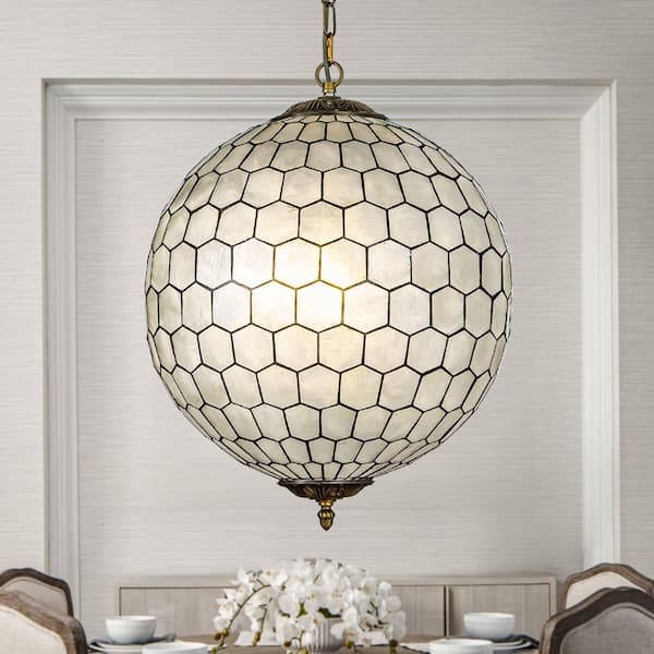 3-Lights W 18 in. Vintage Natural Capiz Seashell Chandelier in Antique Brass French Country Globe Lantern Pendant Light