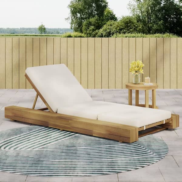 Vantas Outdoor Patio Cushioned Adjustable Chaise Lounge, Acacia Wood, Brown + Cream
