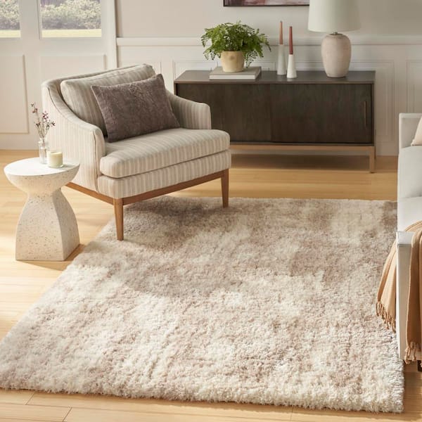Lux urious Shag Ivory Beige 5 ft. x 7 ft. Abstract Contemporary Area Rug