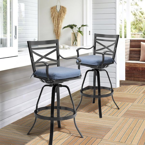 Pellebant Swivel Cast Aluminum Outdoor Bar Stool with Sunbrella Spectrum Denim Blue Cushion (2-Pack)