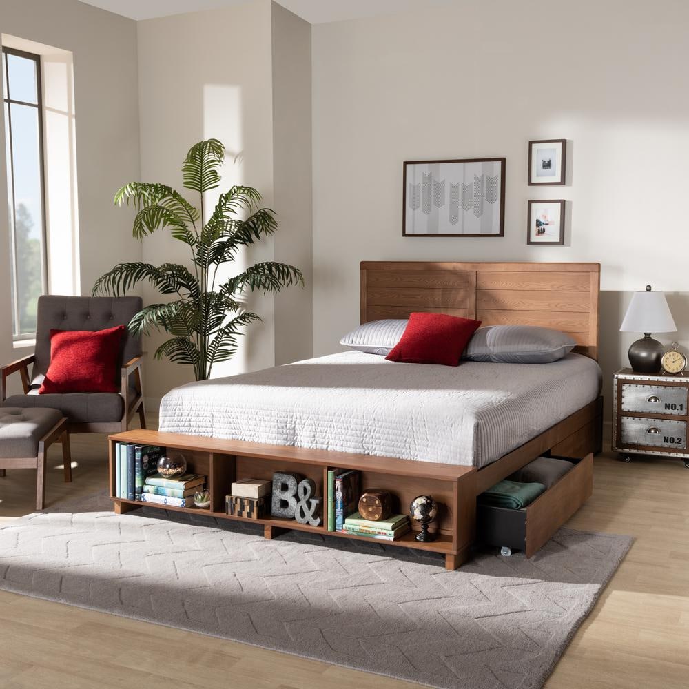 Full Size Ash Walnut Wood Storage Bed with Headboard and Drawers