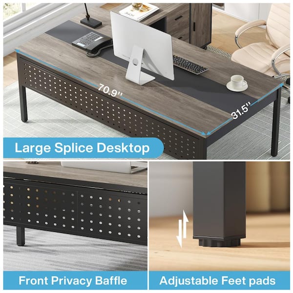 BYBLIGHT Lanita 71 in. Gray Wood L Shaped Computer Desk with