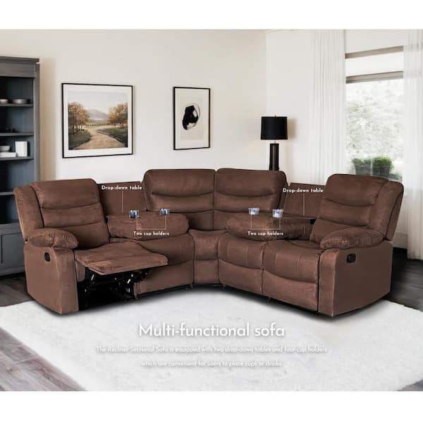 Ellesophas Luna 93 in. in 5 Seater Fabric Manual Recliner Sectional Sofa with Drop-Down Table and Cup Holders in Brown