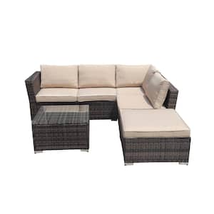 4-Piece Wicker Patio Furniture Set Outdoor Sectional Sofa Set with Tempered Glass Table, Ottoman, Khaki Cushion