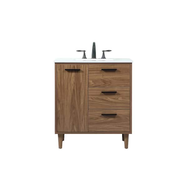 Unbranded Simply Living 30 in. W x 19 in. D x 34 in. H Bath Vanity in Walnut Brown with Ivory White Engineered Marble Top