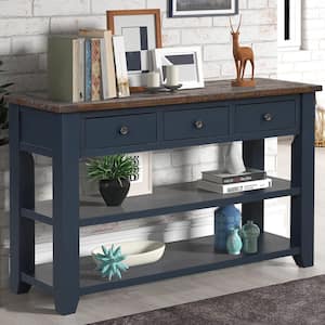 49 in. Blue Rectangle Distressed Wood Top Console Table with Storage Drawers and Shelves